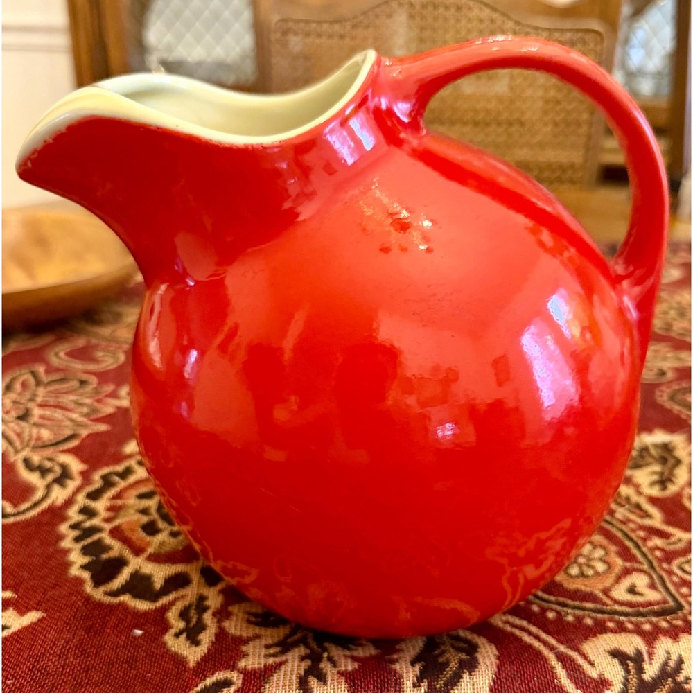 Hall China Red Ball Pitcher, Vintage Ice Lip Jug, Mid Century Kitchenware